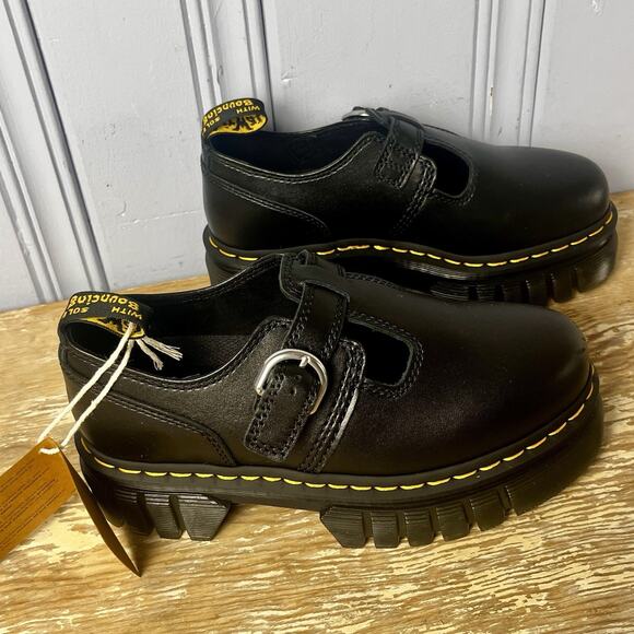 New Dr Doc Marten Audrick T Bar Shoes Womens 7 Black Leather Mary Jane Platform - Picture 10 of 16